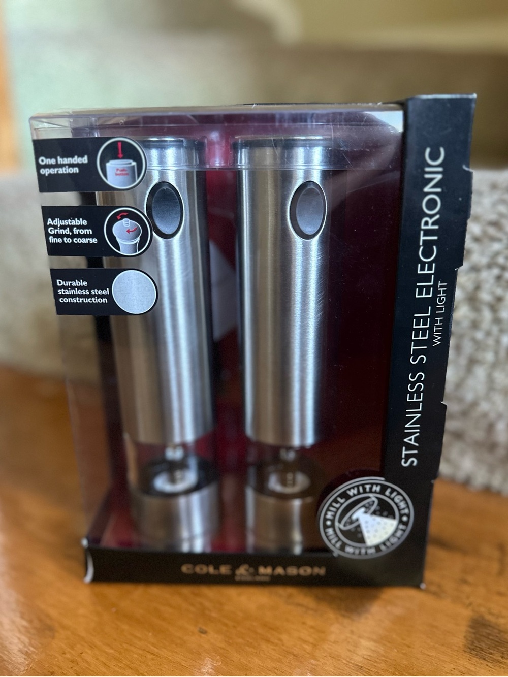 NIB Cole & Mason 🧂 Stainless Steel Electronic Salt and Pepper Mill Set w/ Light